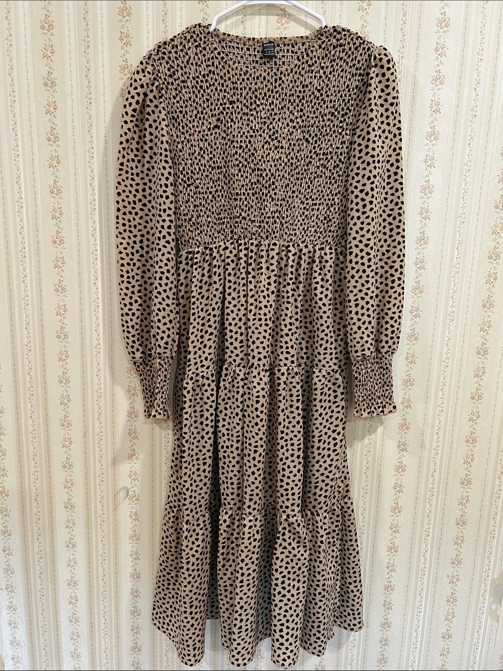 SHEIN Brown Polka Dot Smocked Long Sleeve Midi Dress